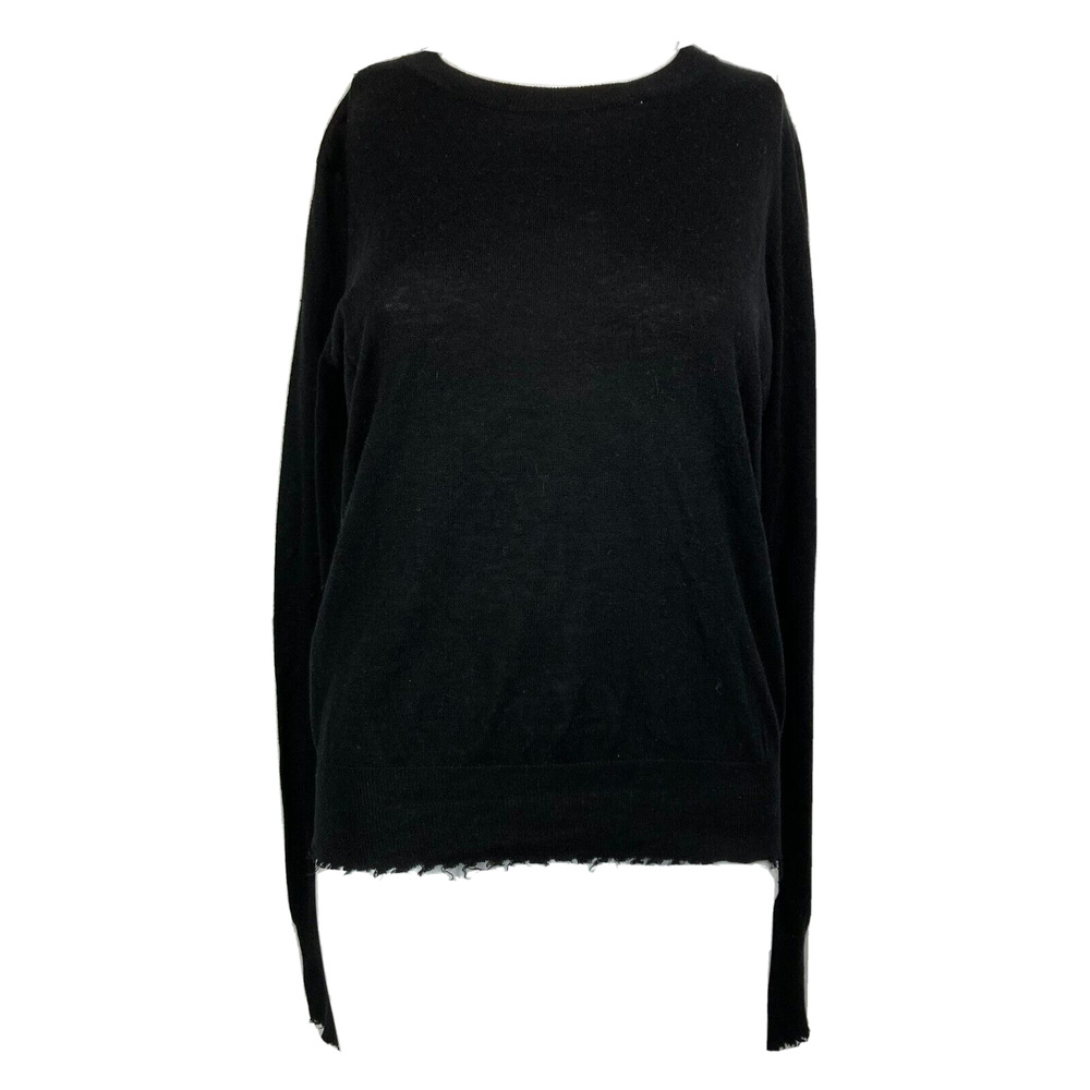 Zara Sweater Womens Sz M Black Wool Blend Raw Hem Crew Neck Lightweight Pullover